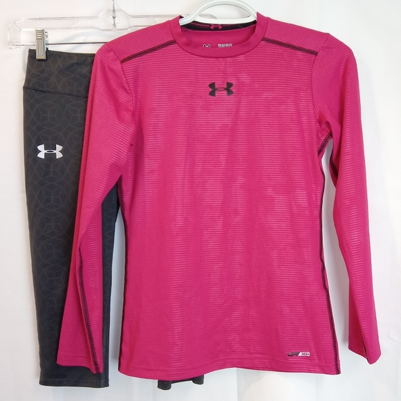 Under Armour Other - Lot Under Armor Fitted Girls Pink Heat Gear Top YLG - Gray All Season Capris YMD